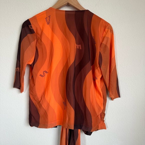 Ganni Orange Printed Mesh Wrap Top - Picture 12 of 13